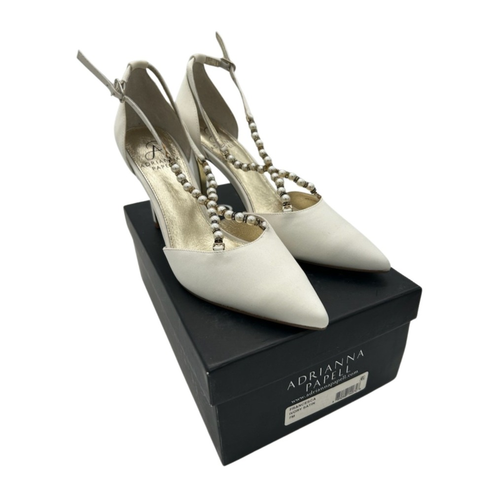 Adrianna Papell Pumps Women's Size 7 M Ivory Satin Pearl T Strap Stiletto Shoes - Picture 2 of 5